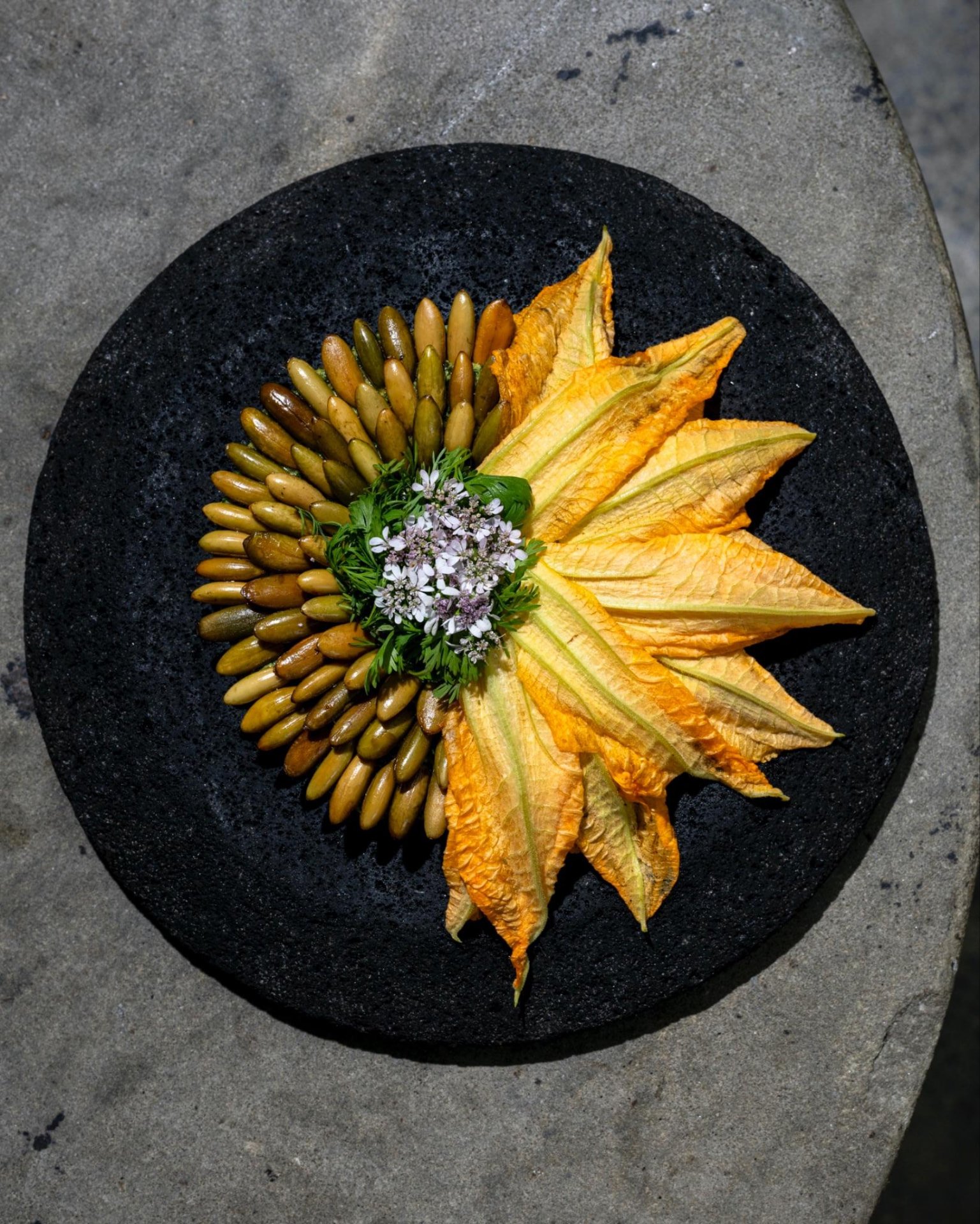 Dzikilpak con flores de calabaza y pepitas dispuestas en círculo en plato negro, ARCA Tulum