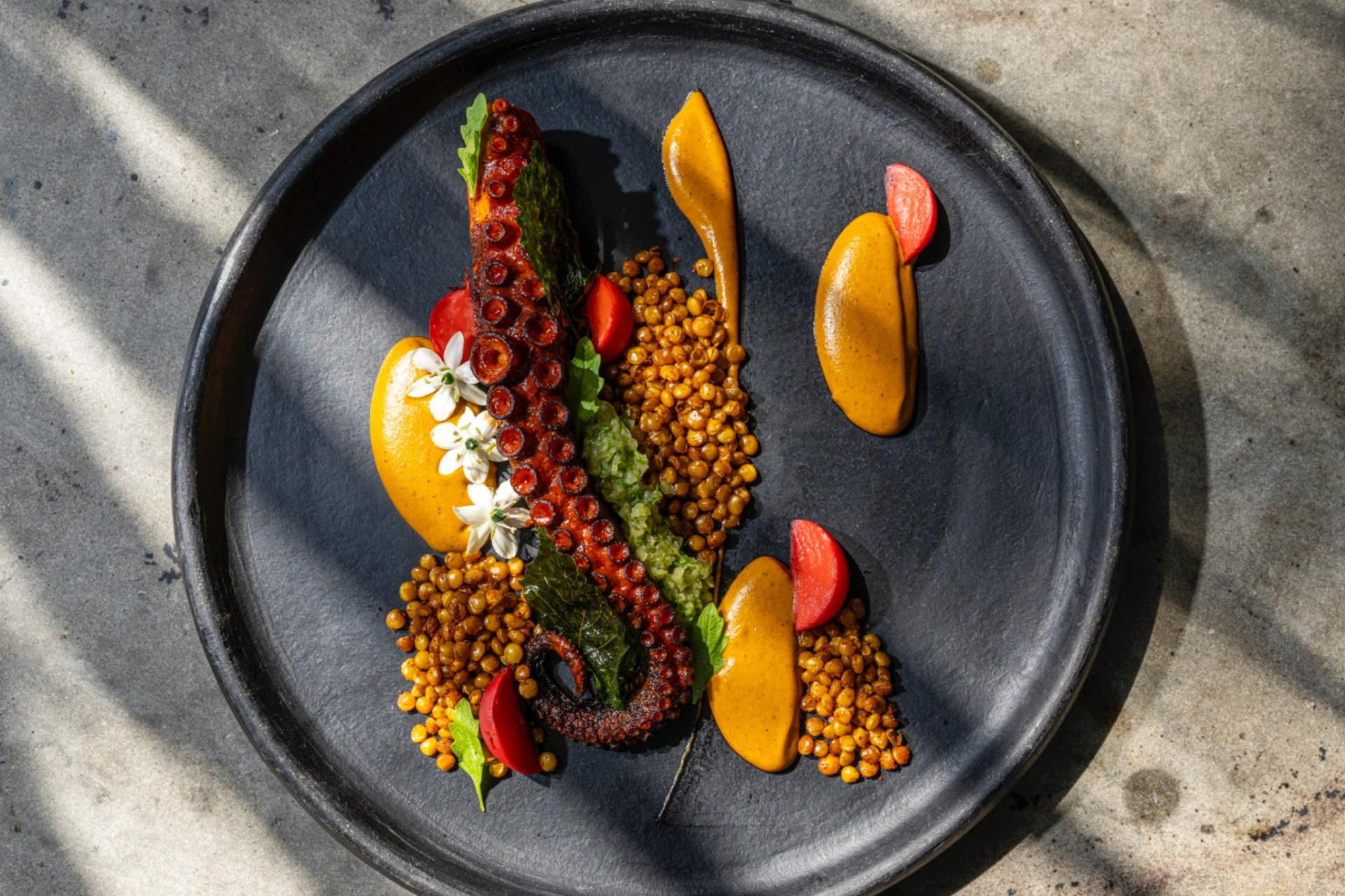 Pulpo maya a la parrilla con salsas naranjas en plato negro, ARCA Tulum