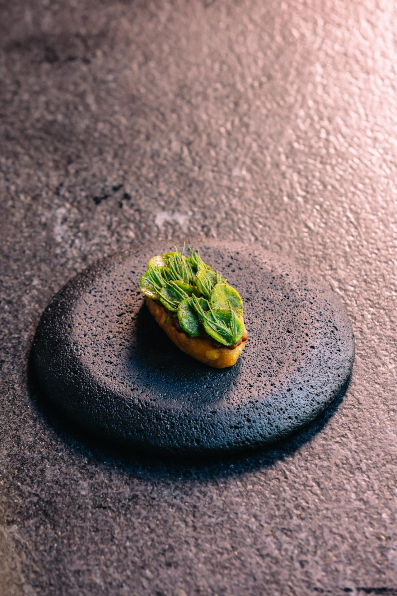 Tlacoyo de jabalí pibil con hojas verdes sobre plato de piedra oscura, ARCA Tulum